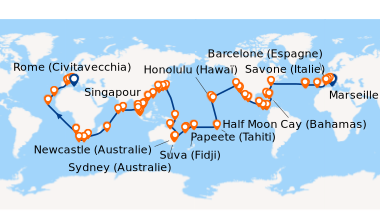 Itinéraire de la croisière Italie, France, Espagne, Portugal, Açores, États-Unis, Floride (USA), Mexique, États-Unis, Hawaii, Polynésie, Fiji, Australie