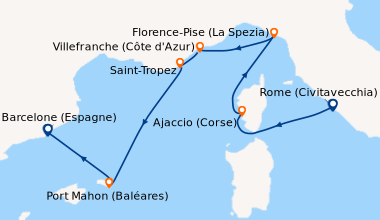Itinéraire de la croisière Rome (Civitavecchia), Ajaccio (Corse), Floren...
