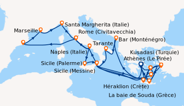 Itinéraire de la croisière Athènes (Le Pirée), Héraklion (Crète), Kusada...
