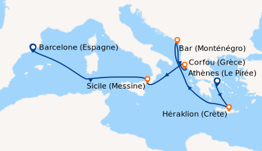 Itinéraire de la croisière Athènes (Le Pirée), Héraklion (Crète), En mer...