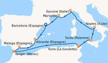 Itinéraire de la croisière Espagne, France, Italie, Tunisie, Maroc