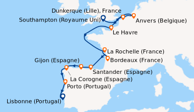 Itinéraire de la croisière Southampton (Royaume Uni) , En mer, Anvers (B...