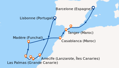 Itinéraire de la croisière Lisbonne (Portugal), En mer, Arrecife (Lanzar...
