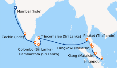 Itinéraire de la croisière Mumbai (Inde), Mumbai (Inde), En mer, Cochin ...