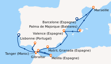 Itinéraire de la croisière Barcelone (Espagne), Marseille, Palma de Majo...