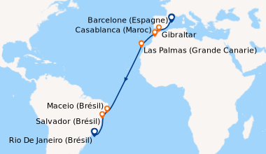 Itinéraire de la croisière Barcelone (Espagne), En mer, Gibraltar , Casa...