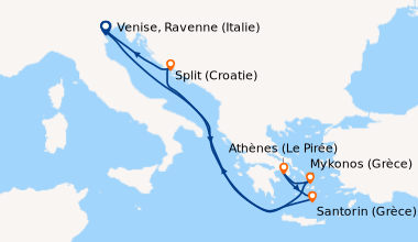 Itinéraire de la croisière Venise, Ravenne (Italie), En mer, Mykonos (Gr...