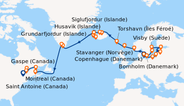 Itinéraire de la croisière Copenhague (Danemark), Bornholm (Danemark), V...