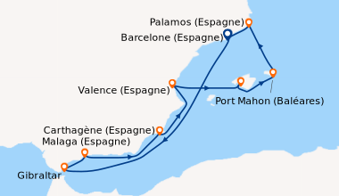 Itinéraire de la croisière Barcelone (Espagne), En mer, Gibraltar , Mala...