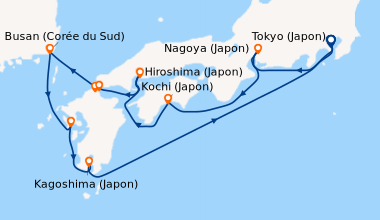 Itinéraire de la croisière Tokyo (Japon), Nagoya (Japon), Kochi (Japon),...