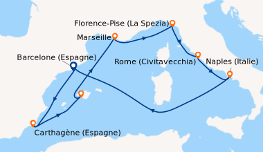 Itinéraire de la croisière Barcelone (Espagne), Carthagène (Espagne), Pa...