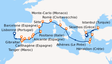 Itinéraire de la croisière Athènes (Le Pirée), Skiathos (Grèce), Istanbu...