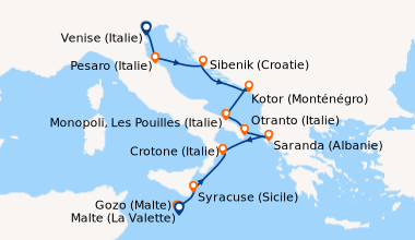 Itinéraire de la croisière Venise (Italie), Pesaro (Italie), Sibenik (Cr...