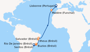 Itinéraire de la croisière Lisbonne (Portugal), En mer, Madère (Funchal)...