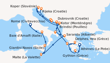 Itinéraire de la croisière Athènes (Le Pirée), Gythion (Grèce), En mer, ...