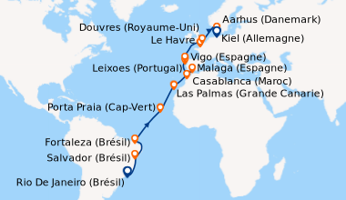 Itinéraire de la croisière Brésil, Canaries, Maroc, Espagne, Portugal, France, Grande-Bretagne, Danemark, Allemagne