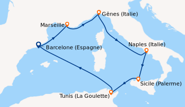 Itinéraire de la croisière Barcelone (Espagne), Marseille, Gênes (Italie...