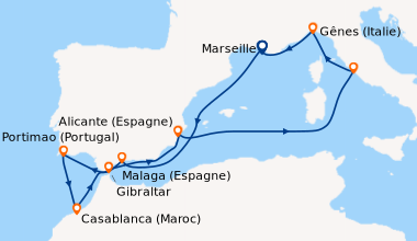 Itinéraire de la croisière Marseille, En mer, Malaga (Espagne), Portimao...