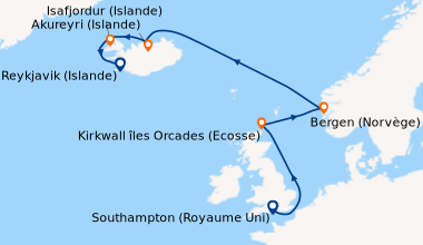 Itinéraire de la croisière Southampton (Royaume Uni) , En mer, Kirkwall ...