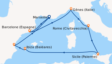 Itinéraire de la croisière Marseille, Barcelone (Espagne), En mer, Gênes...