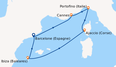 Itinéraire de la croisière Barcelone (Espagne), Cannes, En mer, Ajaccio ...
