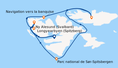 Itinéraire de la croisière Fjords et glaciers du Spitzberg
