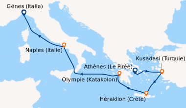 Itinéraire de la croisière Athènes (Le Pirée), Kusadasi (Turquie), Hérak...