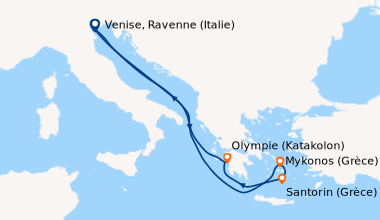 Itinéraire de la croisière Venise, Ravenne (Italie), En mer, Mykonos (Gr...