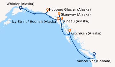 Itinéraire de la croisière Whittier (Alaska), Hubbard Glacier (Alaska), ...