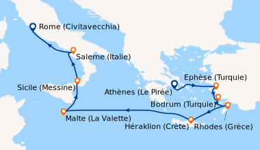 Itinéraire de la croisière Athènes (Le Pirée), Ephèse (Turquie), Bodrum ...