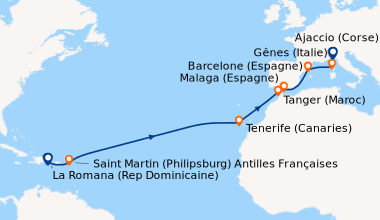Itinéraire de la croisière Rép.Dominicaine, Antilles, Canaries, Maroc, Espagne, France, Italie
