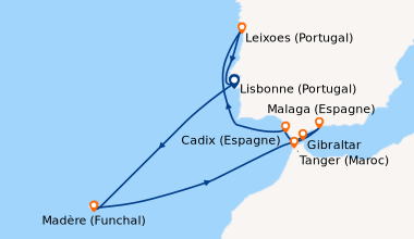 Itinéraire de la croisière Lisbonne (Portugal), En mer, Madère (Funchal)...