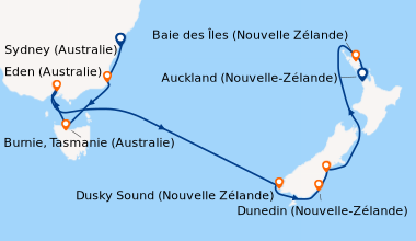 Itinéraire de la croisière Sydney (Australie), Eden (Australie), Burnie,...