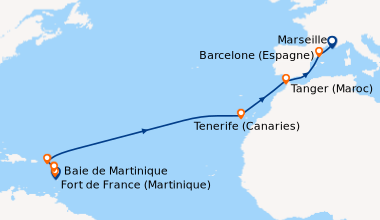 Itinéraire de la croisière Antilles, Canaries, Maroc, Espagne, France