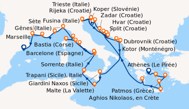 Itinéraire de la croisière Athènes (Le Pirée), Syros, Ermoupoli (Grèce),...
