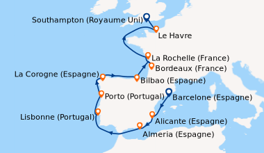 Itinéraire de la croisière Barcelone (Espagne), Alicante (Espagne), Alme...