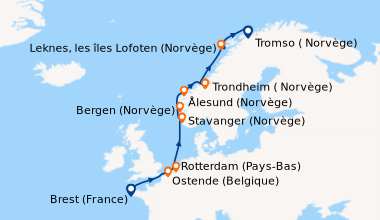 Itinéraire de la croisière Trésors des mers du Nord et de Norvège