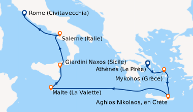 Itinéraire de la croisière Athènes (Le Pirée), Mykonos (Grèce), Aghios N...