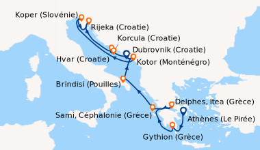 Itinéraire de la croisière Athènes (Le Pirée), Gythion (Grèce), En mer, ...