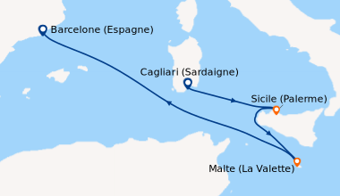 Itinéraire de la croisière Cagliari (Sardaigne), Sicile (Palerme), Malte...
