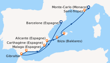 Itinéraire de la croisière Barcelone (Espagne), En mer, Gibraltar , Mala...