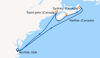 Itinéraire de la croisière Norfolk, USA, En mer, En mer, Sydney (Canada)...