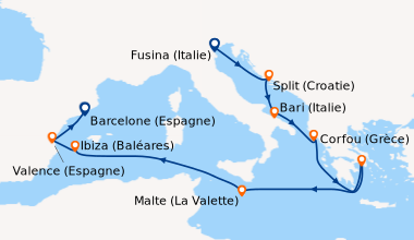 Itinéraire de la croisière Fusina (Italie), En mer, Split (Croatie), Bar...