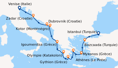 Itinéraire de la croisière Istanbul (Turquie), Bozcaada (Turquie), Mykon...