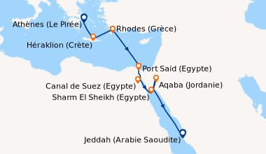 Itinéraire de la croisière Athènes (Le Pirée), Héraklion (Crète), Rhodes...