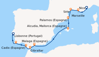 Itinéraire de la croisière En mer, Marseille, Sète, Palamos (Espagne), E...