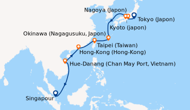 Itinéraire de la croisière Tokyo (Japon), Nagoya (Japon), Osaka (Japon),...