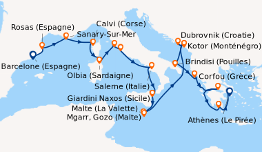 Itinéraire de la croisière Barcelone (Espagne), Rosas (Espagne), En mer,...