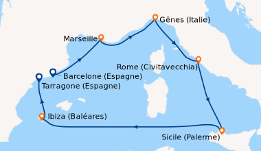 Itinéraire de la croisière Barcelone (Espagne), Marseille, Gênes (Italie...