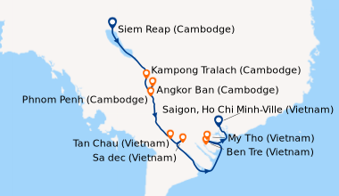 Itinéraire de la croisière Au Fil du Mékong, des Temples d’Angkor à Saigon